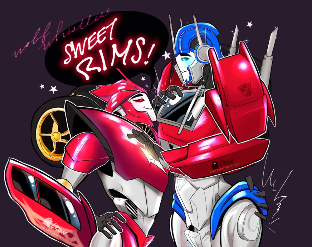 Knockout grabs Optimus Prime by his aft, bringing him closer. The text reads that he: wolf whistles, before exclaiming "Sweet Rims!" Knockout smirks at his game of flirt, and Optimus Prime has a hand over his own chest, flushed by Knockout's audacity.