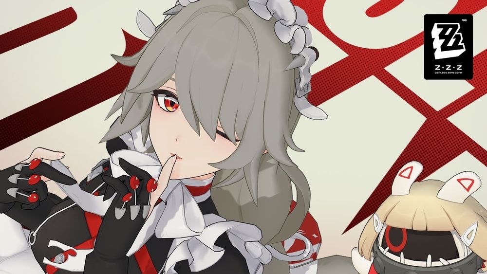 A close up of Rina, a playable character from the game Zenless Zone Zero. She's dressed in a maid uniform, and holding her finger up to her lip as if she were thinking about something.