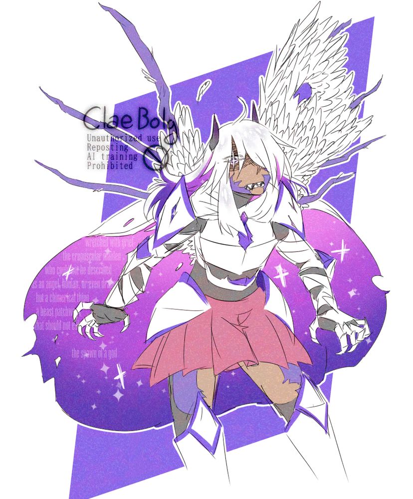 a digital illustration of an anime woman with mangled, unsettling feathered wings that don't follow any sort of realistic anatomy that appear to be misshapen from some kind of damage. she is wearing a cape with a starry gradient, and her hair matches the cape. she is in several pieces of partial armor. the biggest contrast point on her outfit is her pink skirt. she has dark horns with a purple-pink gradient on the tips. her skin has dark purple non-gradient patches that are actually meant to represent fine scales in an uneven but symmetrical pattern on her skin. Her eye is partially obscured by a shining star in place of an ordinary pupil.

faintly on the cape is text. it reads "wretched with grief / the crepuscular maiden / who could not be described / as an angel, human, or even dragon / but a chimerical thing / a beast patchwork / that should not exist / the spawn of a god"