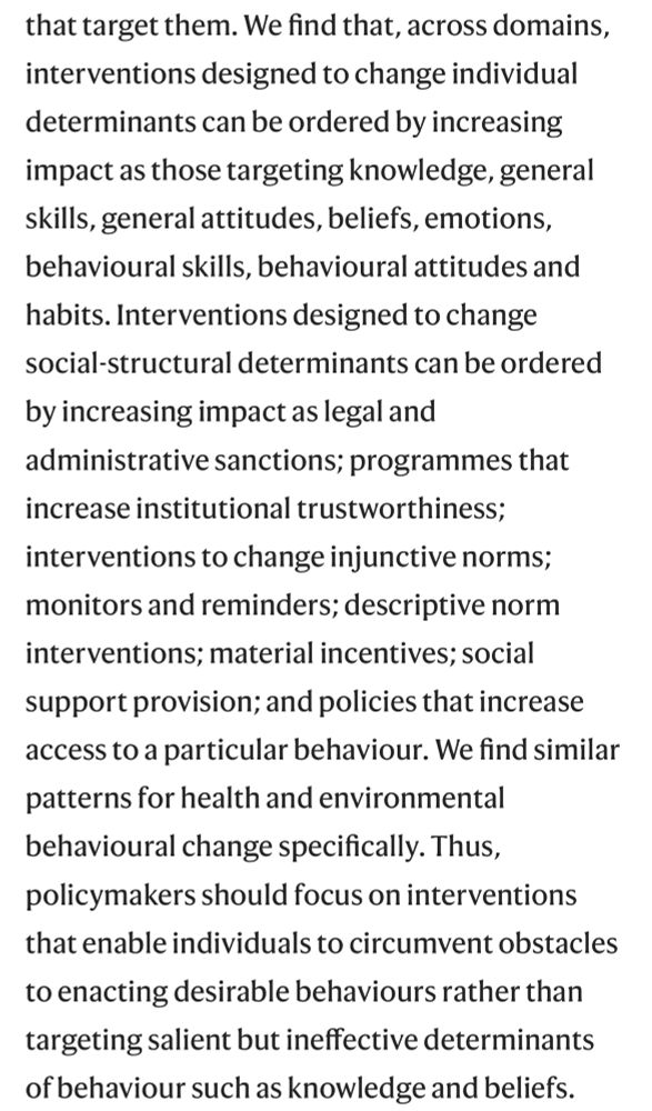 ”We find that, across domains, interventions designed to change individual determinants can be ordered by increasing impact as those targeting knowledge, general skills, general attitudes, beliefs, emotions, behavioural skills, behavioural attitudes and habits. Interventions designed to change social-structural determinants can be ordered by increasing impact as legal and administrative sanctions; programmes that increase institutional trustworthiness; interventions to change injunctive norms; monitors and reminders; descriptive norm interventions; material incentives; social support provision; and policies that increase access to a particular behaviour. We find similar patterns for health and environmental behavioural change specifically. Thus, policymakers should focus on interventions that enable individuals to circumvent obstacles to enacting desirable behaviours rather than targeting salient but ineffective determinants of behaviour such as knowledge and beliefs.”