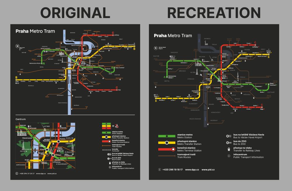 Der neue Linienntzplan der Metro Prag. Links die originale Version, Rechts eine Modifizierung.
