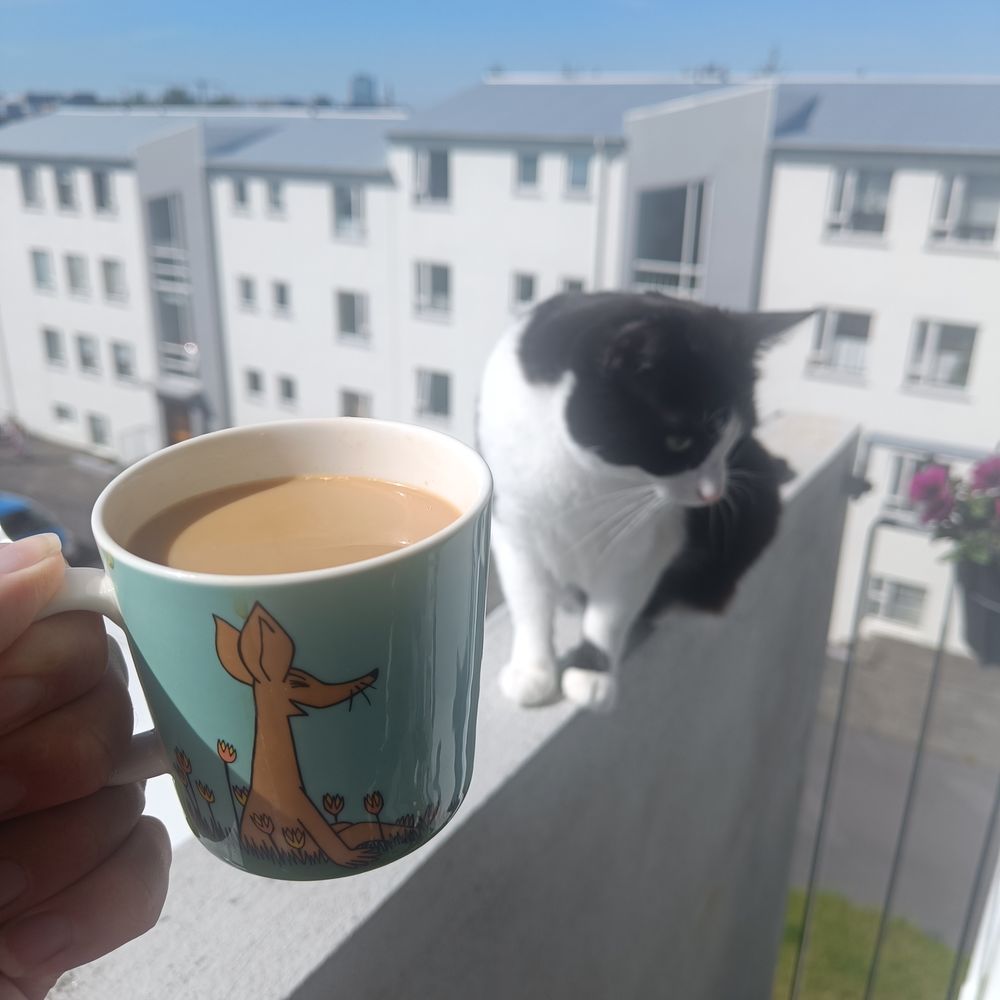 Light blue Moomin cup with Sniff in the foreground, cat on a sunny balcony railing in the background.