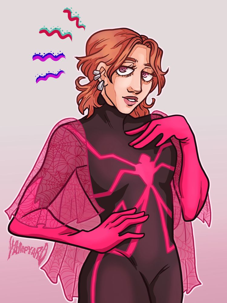 Art of Nova Nesse, a Spider-Woman variant from Earth-4545. She is white and has short blonde hair, pink eyes, and several piercings. Her spidey suit is black with a hot pink logo and gloves, as well as a sheer pink veil across her shoulders.