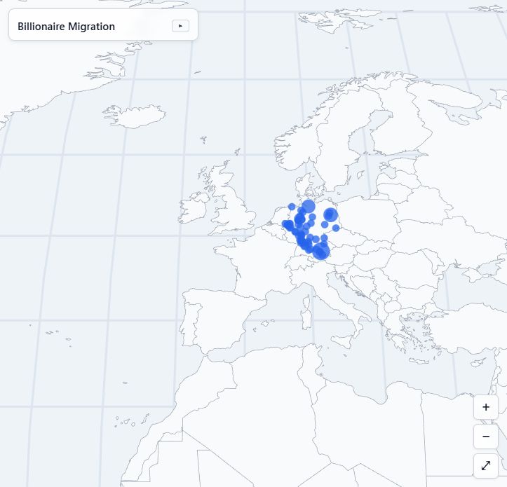 The distribution of billionaire residences in Germany (diffuse throughout Western Germany).