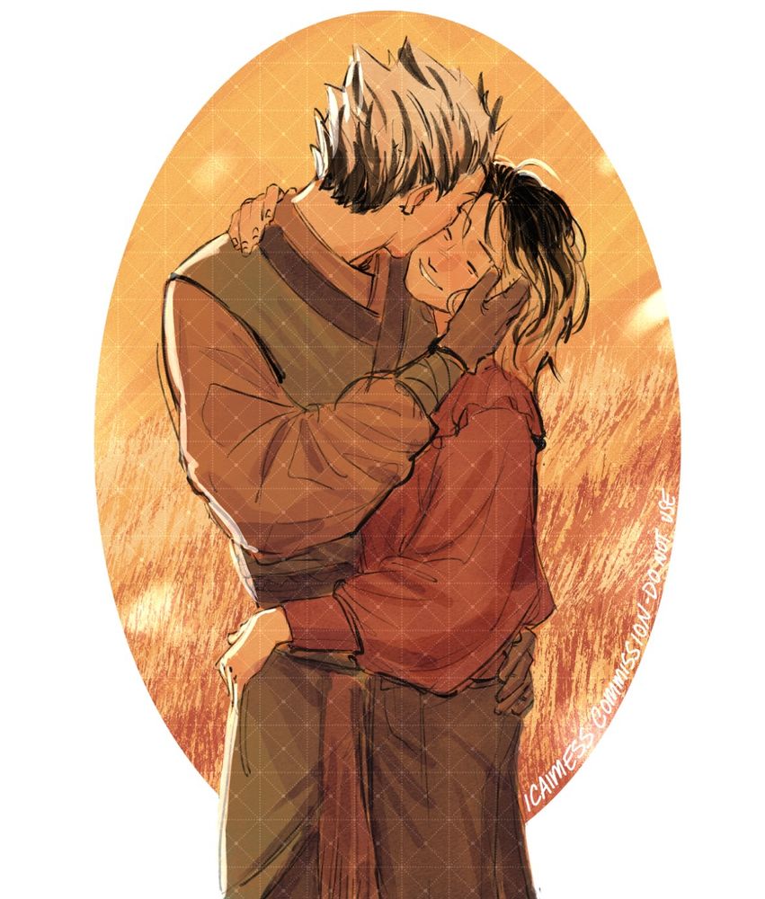 Bokuto and Kenma in the pose from The Kiss by Gustav Klimt
