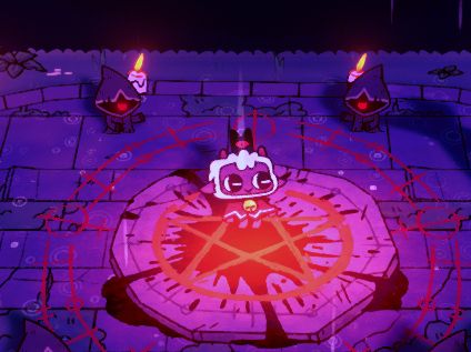 A cartoon-style scene from Cult of the Lamb. A small lamb character with a white woolly head stands on a stone platform marked with a glowing red pentagram and runes. The lamb holds a golden medallion and looks forward with wide eyes. Two hooded cultists with glowing red eyes and lit candles atop their hoods stand in the background, watching. The scene is lit in eerie purples and reds, giving it a ritualistic, occult atmosphere.