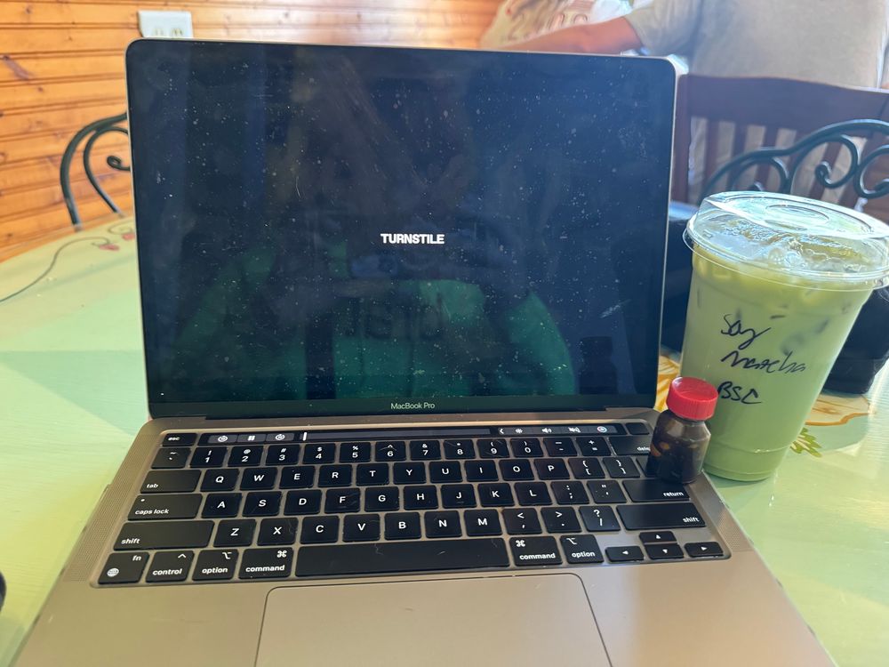 My computer with poppers and matcha 