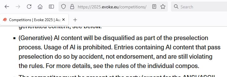Snippet from https://2025.evoke.eu/competitions/ :

(Generative) AI content will be disqualified as part of the preselection process. Usage of AI is prohibited. Entries containing AI content that pass preselection do so by accident, not endorsement, and are still violating the rules. For more details, see the rules of the individual compos.