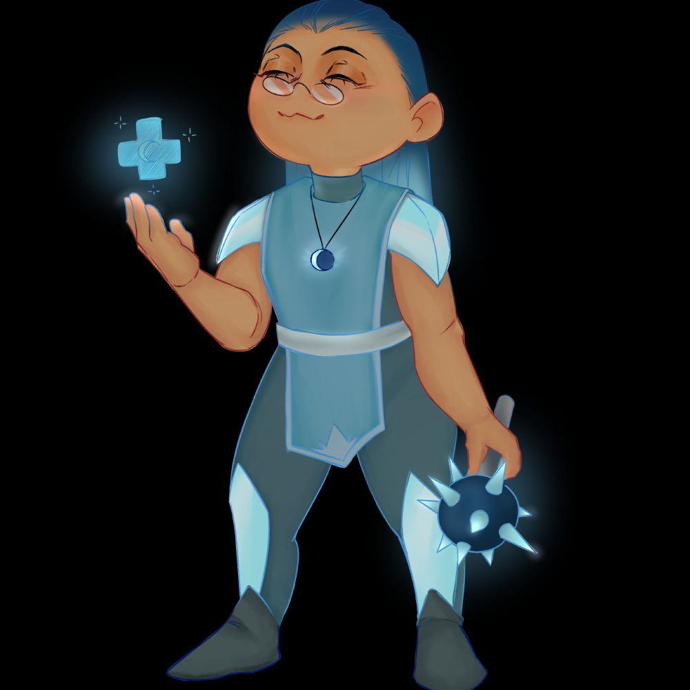 cleric in baby blue theme holding the cure in one hand and a morningstar mace in the other, they look composed but a bit tired