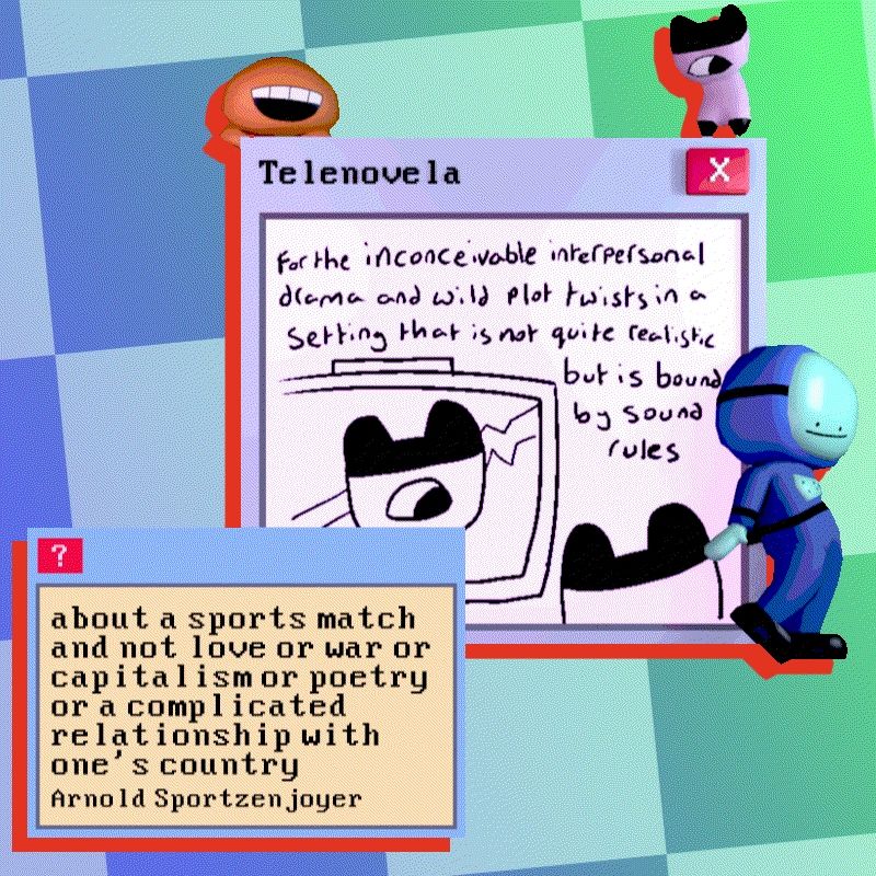 A digitally designed and illustrated award for a game. There are two internet windows open, one with the game title and one with the award name, award description, and a little doodle. Off to the side, there are cute characters, two aliens and an astronaut. 