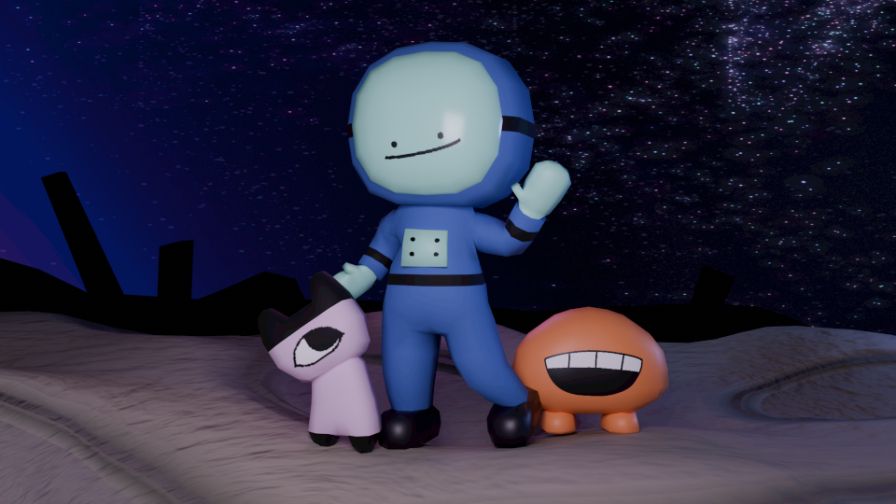3d art of a cute astronaut and two little alien guys, one with just an eye and the other with just a mouth. they're standing on a planet smiling and facing forward.