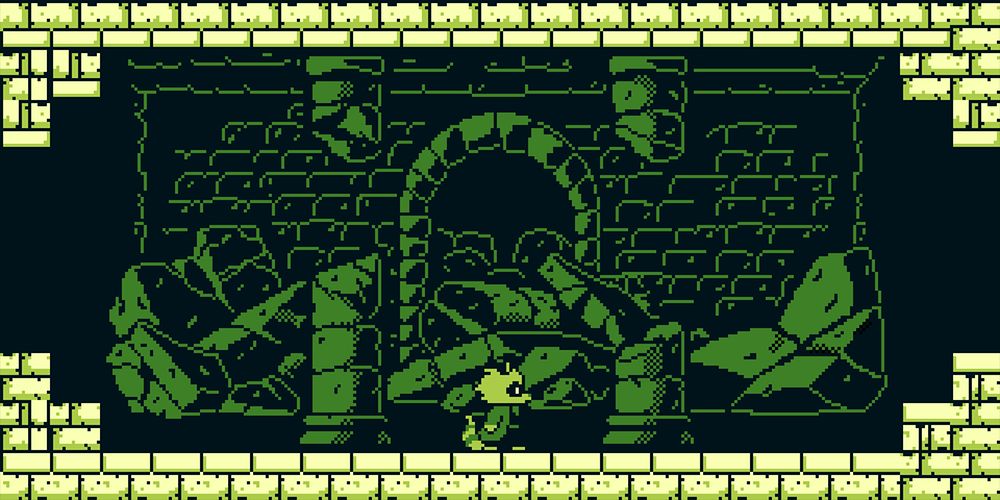 Pixel art background layout mockup for the game Blackmask, displaying an interior room of broken stone pillars and bricks with an anthropomorphic raccoon standing among them