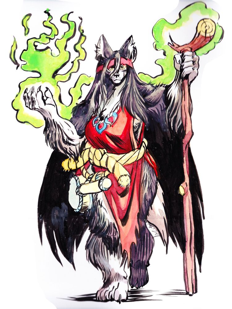 A marker illustration of an anthropomorphic female wolf magic user wearing a red head band, tattered red tunic, and various pieces of jewelry and beads on her neck and waist. She holds up her wood staff with green magic swirling around her.