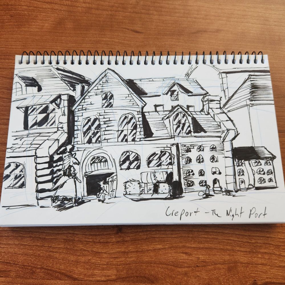 A traditional pen and ink drawings of a port town called Creport. This drawing depicts a city block of brick building of various designs and locations, with anthropomorphic animals of various sizes walking along the streets.
