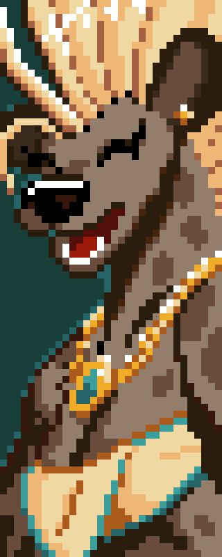 Pixel illustration of an anthropomorphic female hyena with brown fur and blonde mane. She wears a tan wrapped tube top lined with green trim and wears a gold medallion with a green gemstone embedded in it.