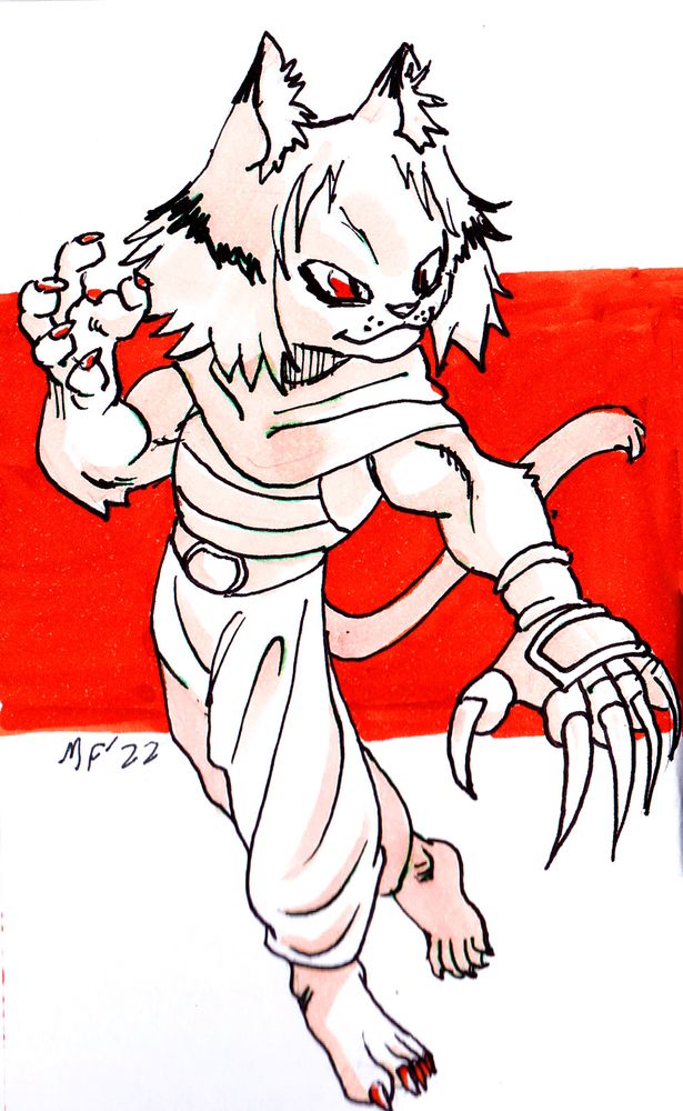Marker sketch of an anthropomorphic male cat over a red background, wearing a neck scarf, chest armor, billowing pants, and a metallic clawed gauntlet on his left hand.