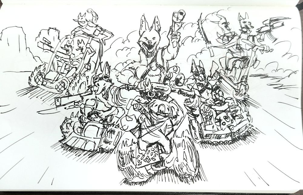 Gel pen illustration sketch of a pack of anthropomorphic dingos wearing salvaged spiked armor, driving rusted go-karts, buggies, and scooters, shooting poorly built guns and making a ruckus through the desert. Sad koalas are bound on the hood of the leader's scooter.