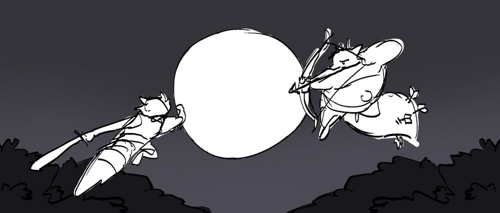 Storyboard excerpt of a battle between an anthropomorphic raccoon and tanuki where they leap in the sky at the full moon for their final clash. The raccoon jumps with his sword as the tanuki jumps with his bow.