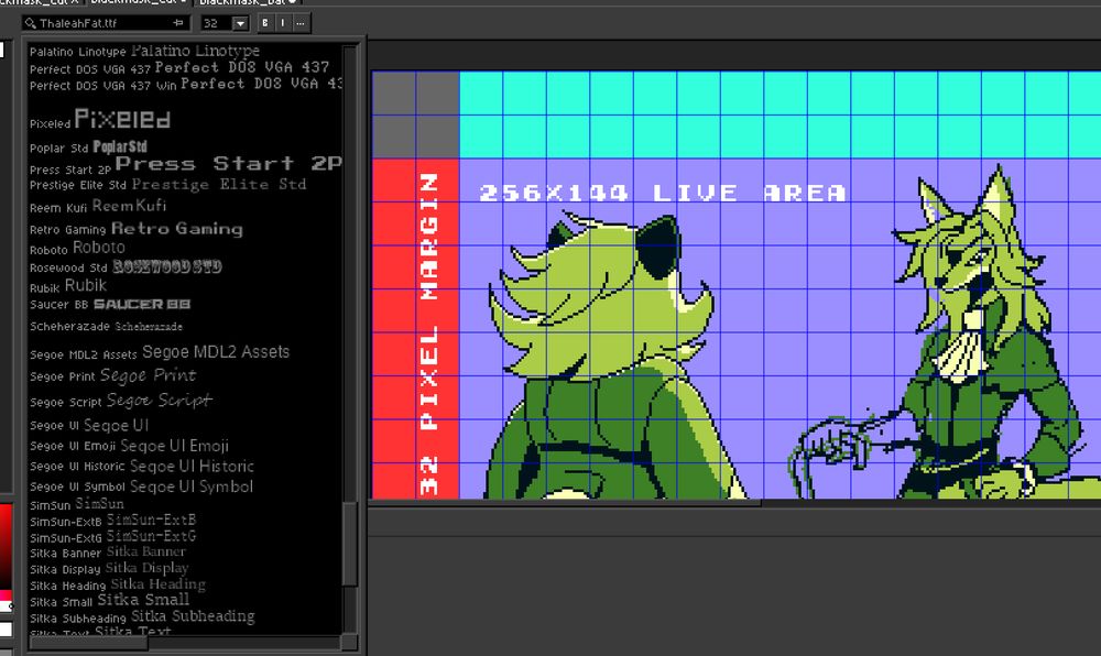 Screen capture of the pixel art program Aseprite in it's current version 1.3.14.2 where the Text and Font editing menus are updated to display the font styles installed in the computer for ease of use.