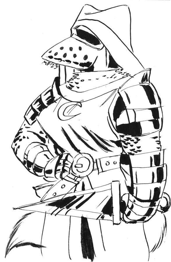 Pen and ink sketch of a female paladin type knight, wearing a black nun habit over a cone helmet and tabbard over with a perky breast bra or armor. She also holds a triangular sword.