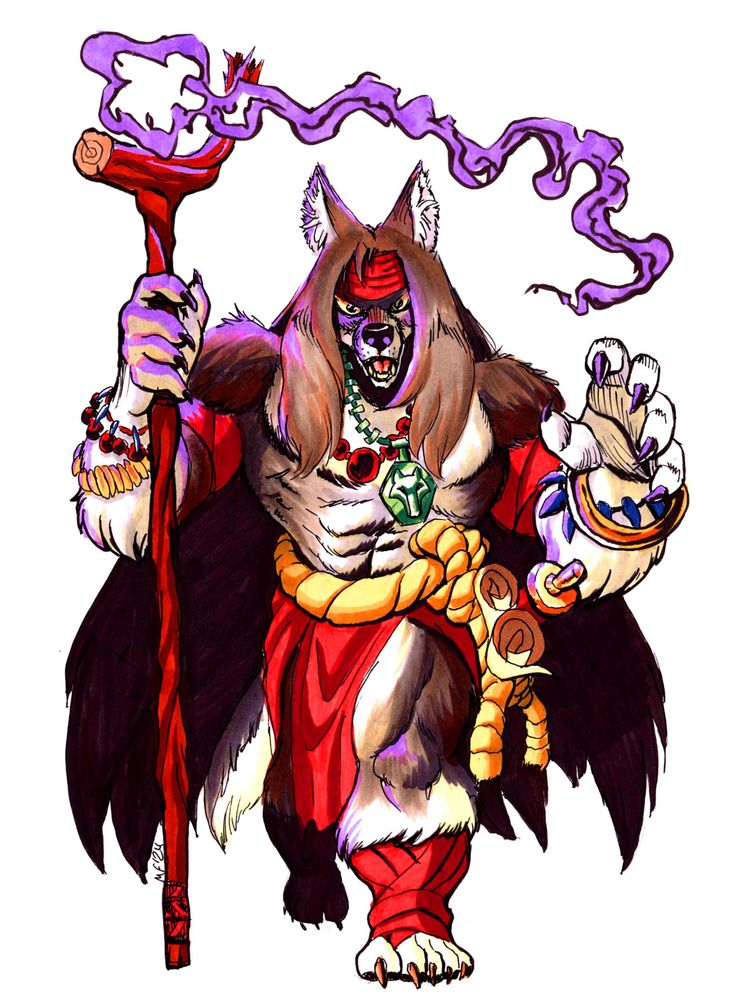 A marker illustration of an anthropomorphic male wolf magic user wearing a red head band, red loincloth, and various pieces of jewels and beads on his arms and neck. He holds up his wood staff with purple magic swirling around him.
