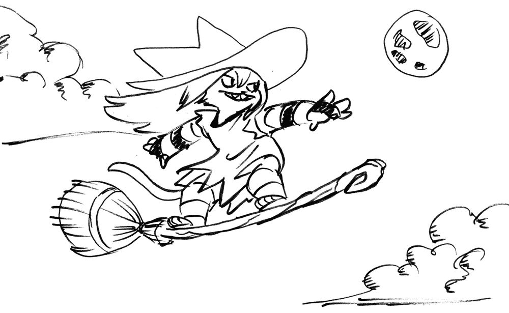 Pen and ink drawing of an anthropomorphic cat witch wearing a two pointed witch hat reminiscent of cat ears, a short dress with a stripped long sleeved undershirt and stockings. She rides on top of a broom in the sky like a skateboard or surfboard.