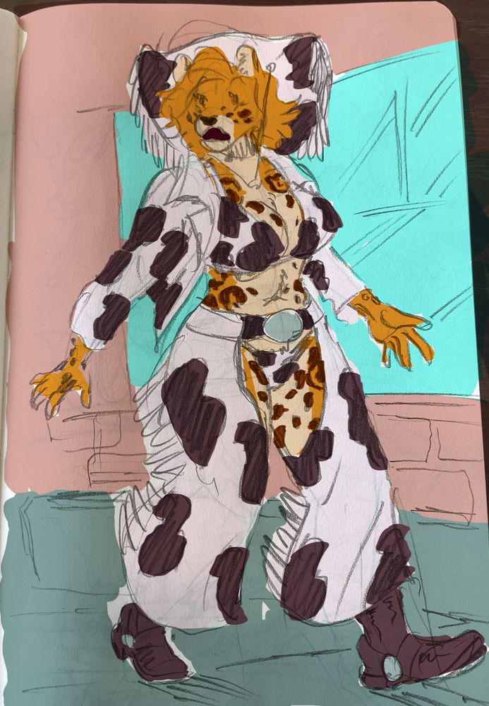 Digital color over a pencil sketch of an anthropomorphic female yellow and black spotted leopard. She wears cow print cowgirl outfit of a white and black spotted hat, a white and black spotted jacket ovee a white and black spotted bikini top, and white and black spotted chaps. She look towards the previous image in surprise.