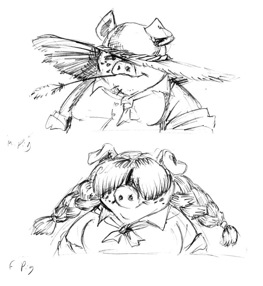 Two pencil sketches of a male and female anthropomorphic pig characters. Male pig at the top wears a large straw hat, overalls, and a piece of straw in his mouth. Female pig at the bottom wears large braided pigtails and a bow tied kerchief on her neck.