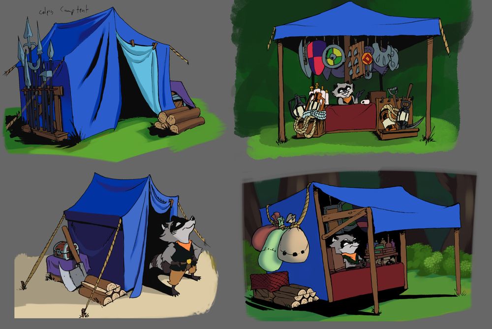 Four Concept Illustrations of a blue merchant tent of various styles and designs. Top left has a wall tent design with a rack of pole arms next to it. Top right is a canopy tent over a desk of an anthropomorphic male raccoon surrounded by various weapons, shields, and tools that he has for sale. Bottom Left tent is a wall tent design with the raccoon standing outside the entrance and small wood axe over a pile of firewood next to it. Bottom Right tent is a popup tent with an extended canopy over the merchant counter with a raccoon surrounded by various weapons, items and tools for sale.