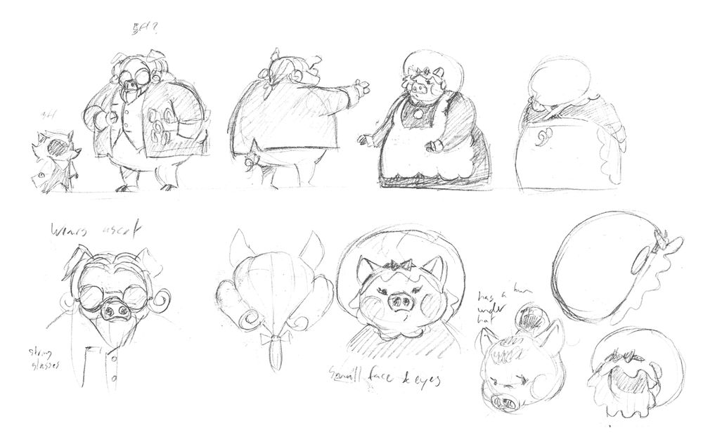 Collection of various sketches of anthropomorphic male and female pigs wearing butler or maid outfits. The sketches explore different character designs, with close up portraits of the details of the butler's glasses and the maid's headdress.