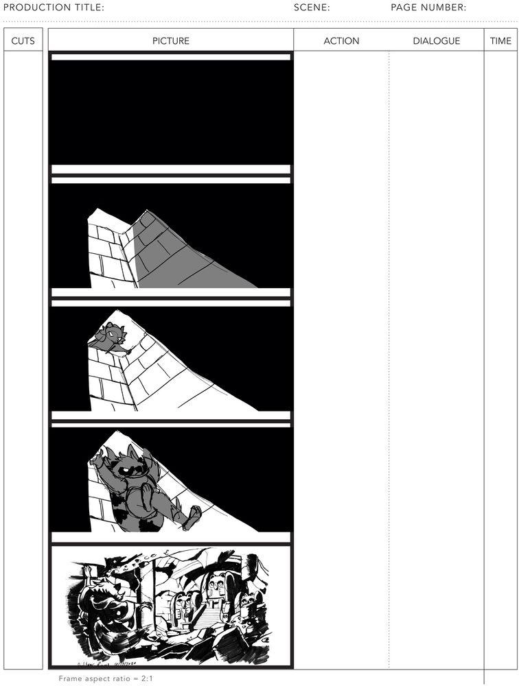 A five frame storyboard sequence of Cole, an anthropomorphic male raccoon leaping inside a narrow corridor to find an underground chamber containing an altar room of broken pillars and statues.