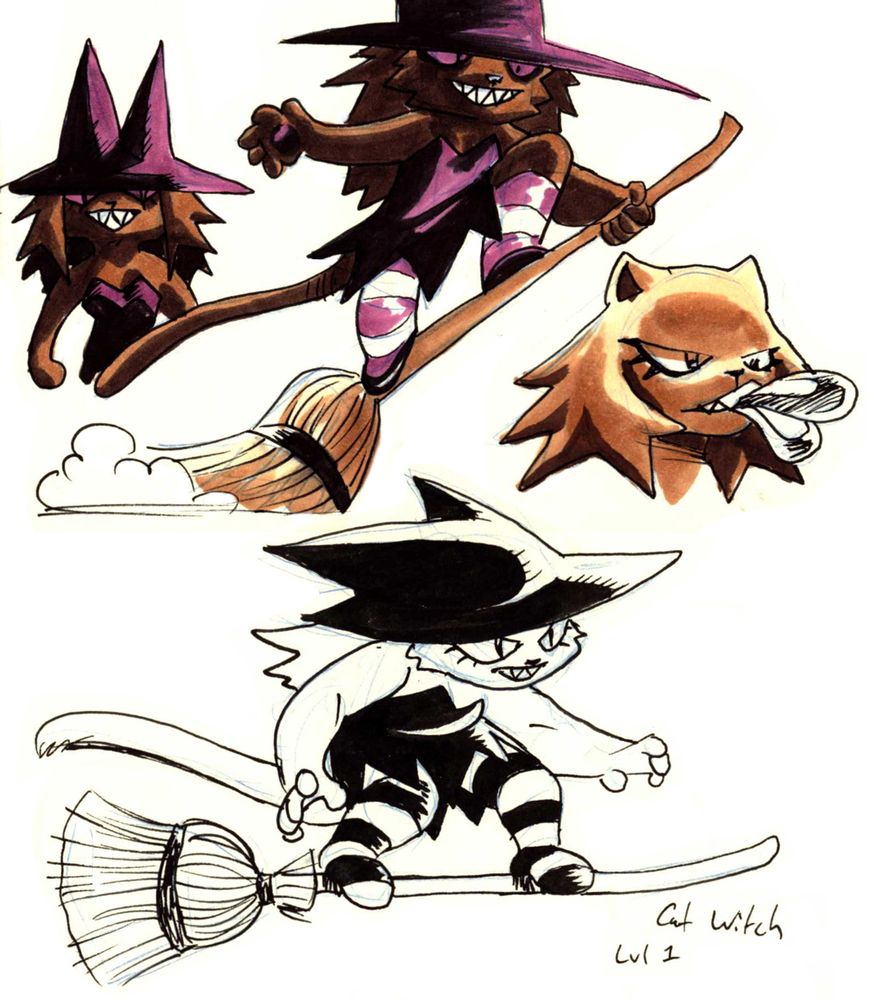 A variety of traditional alcohol marker sketches of an anthropomorphic cat character dressed as a witch wearing a two pointed witch hat reminiscent of cat ears a dark indigo short dress with a indigo and white stripped stockings. Many sketches show the cat riding on top of a broomstick like a skateboard or surfboard.