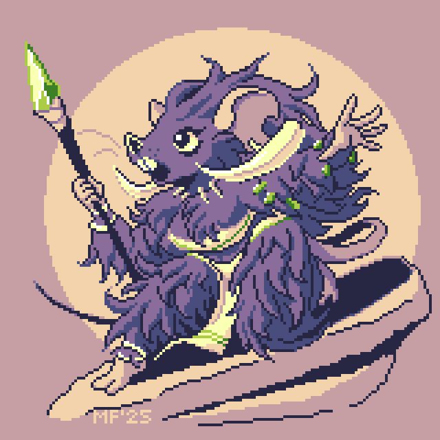 Pixel Illustration of an anthropomorphic female mouse with long bushy fur. She stands on top of a rock wearing a white skimpy loincloth and tube top with tusk earrings and necklaces. She also wields a crystal spear.