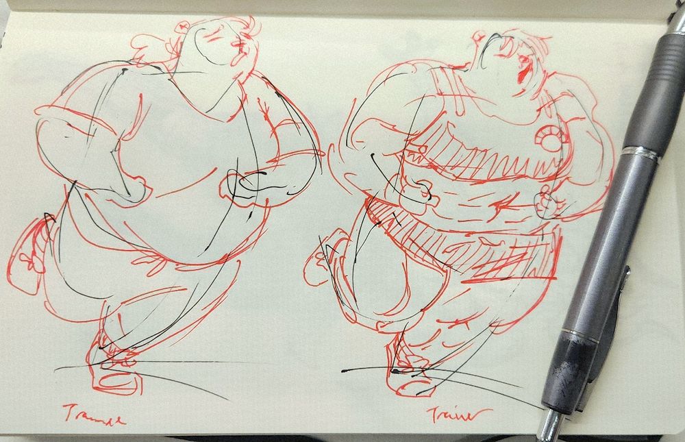 Gel pen sketch of two anthropomorphic female bear characters with similar body types, left fat, right muscular, running to train themselves. Written text reads: "Trainee, Trainer"