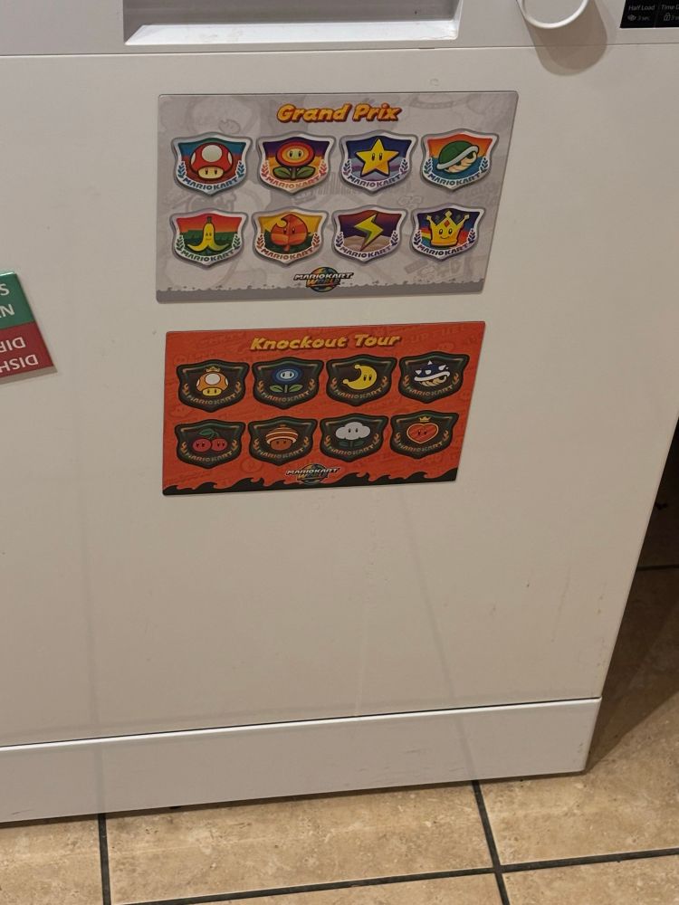 A pic of the Mario Kart World cup magnet sets on my dishwasher.