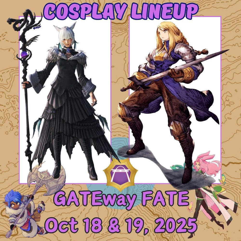 Cosplay lineup template for the Final Fantasy XIV convention GATEway FATE, showing Y'shtola and Agrias.