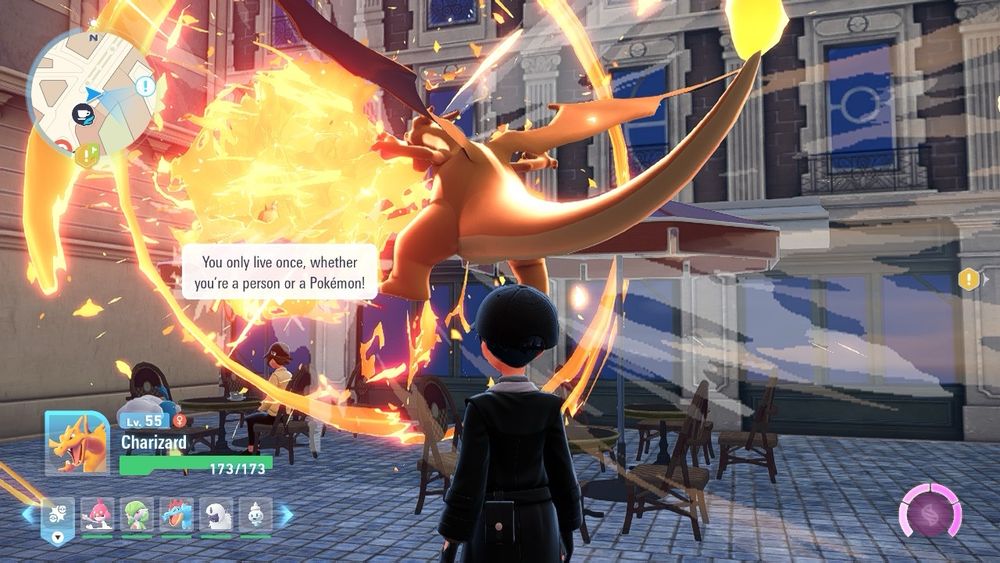 Charizard using fire blast on cafe umbrella where person is sitting and saying “You only live once, whether you're a person or a Pokémon!” All the while fire engulfs them 