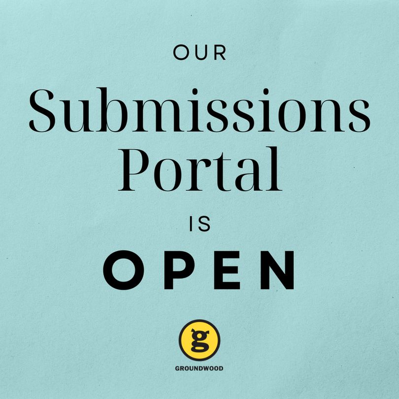 A graphic of a blue page that reads: Our Submissions Portal is OPEN, with the Groundwood Books logo.