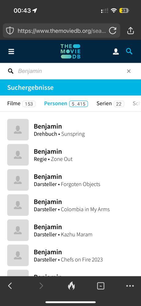 A screenshot of a tmdb.org people search for the searchterm 'Benjamin.