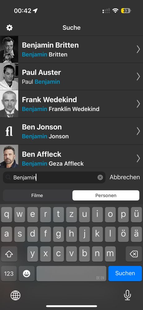 A screenshot of the Filmlog offline people search for the searchterm 'Benjamin.