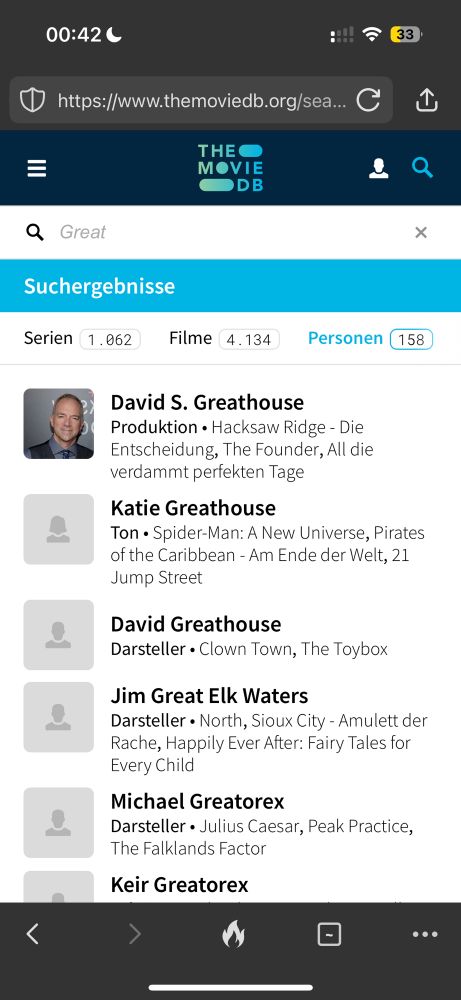 A screenshot of a tmdb.org people search for the searchterm 'Great.
