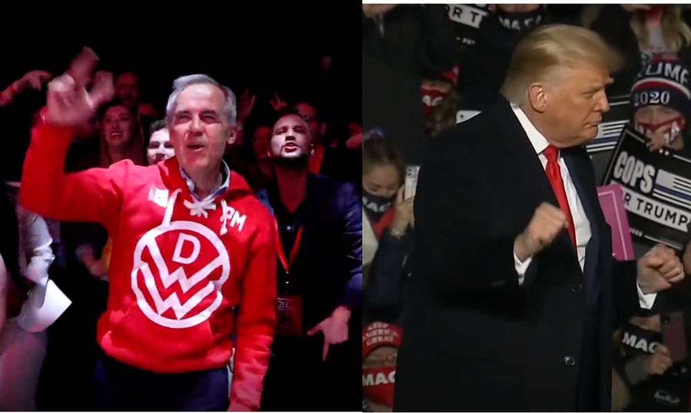 A compilation photo showing, on the left, Canada’s Prime Minister Mark Carney rocking out to Down With Webster and, on the right, U.S. President Trump awkwardly flailing his tiny hands to YMCA