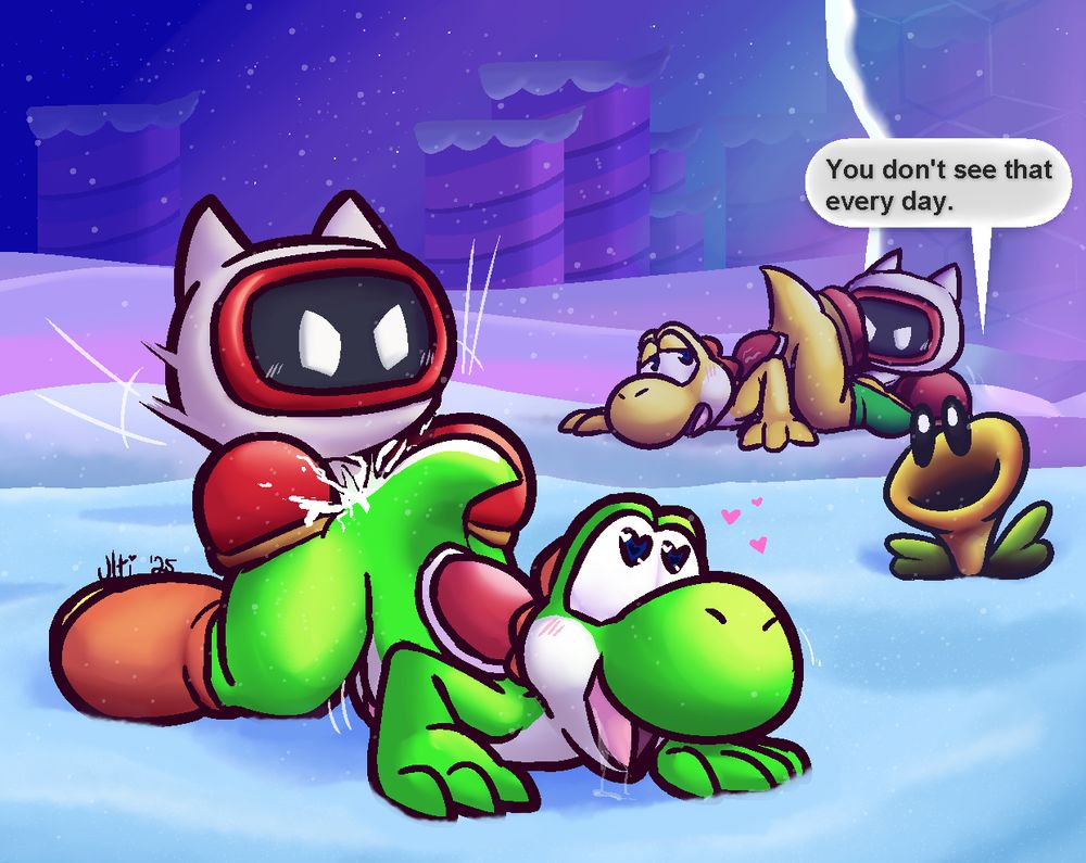 A green male Yoshi getting pounded in the butt by an Outmaway. In the back, in the snow, a Yellow Yoshi is being prepped by another Outmaway, and is less enthusiastic about it. A talking flower comments unnecessarily "You don't see that every day."