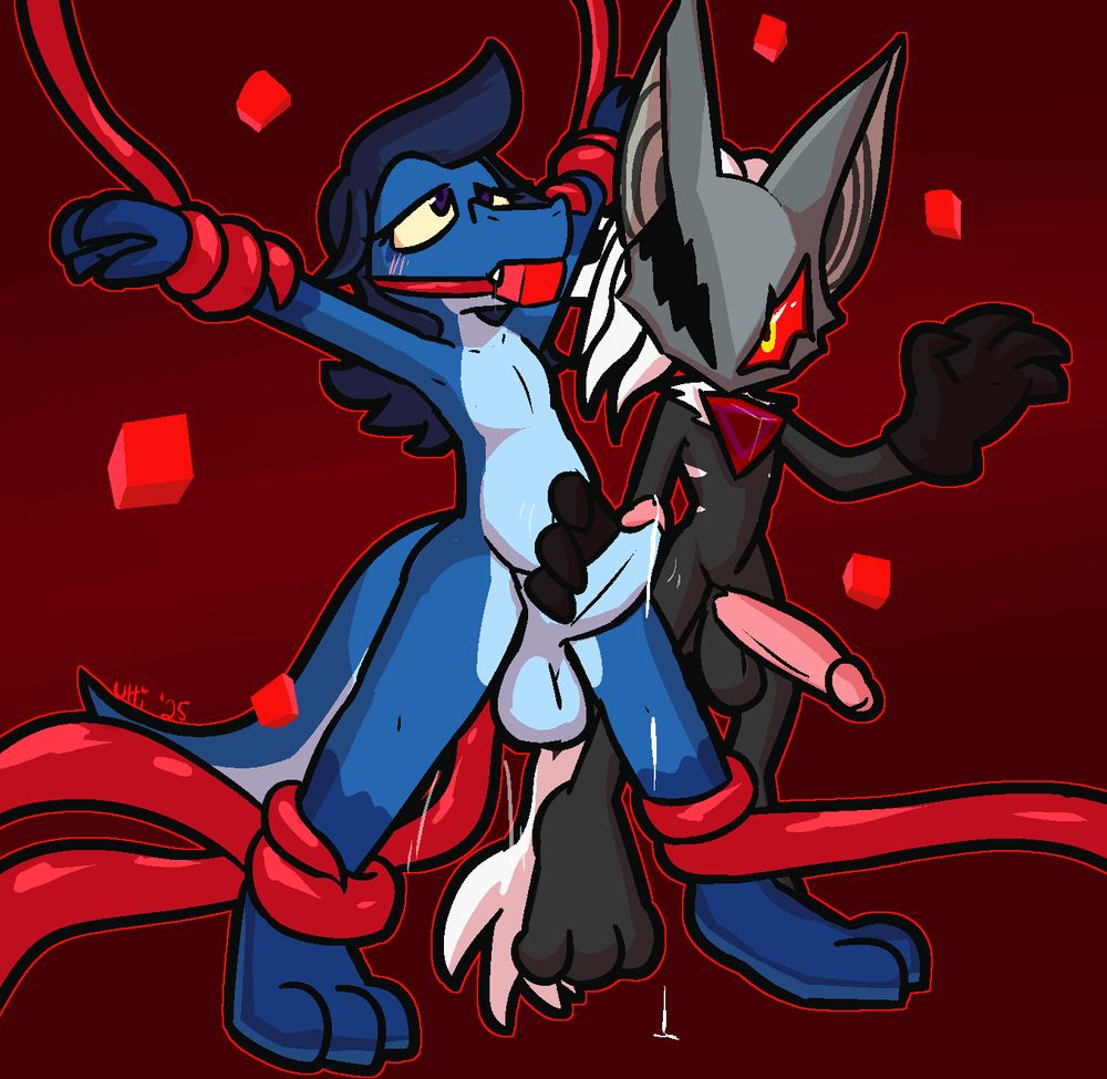 Infinite the jackal restraining my male-looking lizardsona with red tendrils. He is stroking her dick while she is gagged.