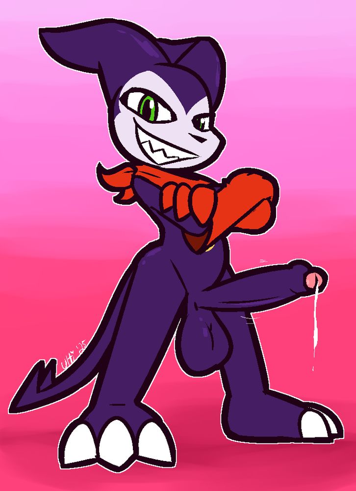 Naked Impmon crossing his arms confidently, his cock hard and dripping cum.