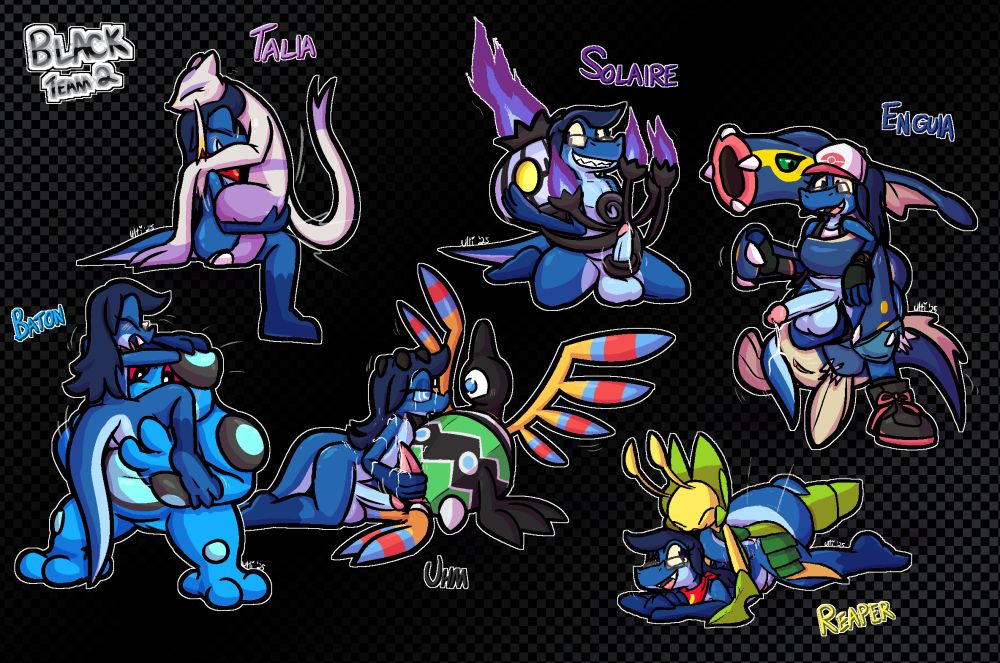 A collage of my lizardsona having sex with my team from my second playthrough of Pokémon Black. Baton the Seismitoad lifts me up by the ass to suck my dick. I'm sitting down while Talia the Mienshao rides my cock, her arms on my shoulders. Solaire the Chandelure wraps its 'arms' around me to give me a pseudo-handjob. Uhm the Sigilyph is lying on the floor as he looks into my eyes and hypnotizes me to stroke his tapered cock. Enguia the Eelektross is wrapping herself around me, removing Hilda's outfit from me with her coils as we hold hands. Lastly, Reaper the Leavanny is breeding my ass.