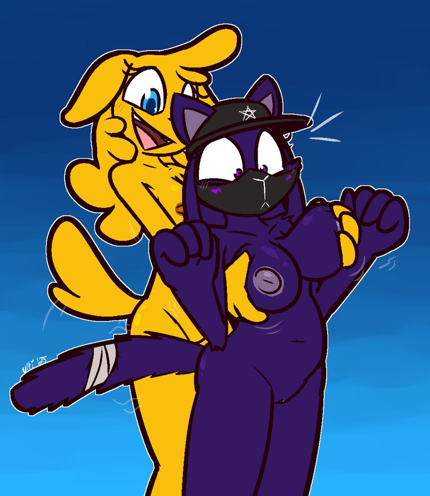 Two naked girls, tall dog girl Dumpling is reaching in front of her and squeezing masked-up cat girl Stardust's boobs, much to Stardust's surprise.