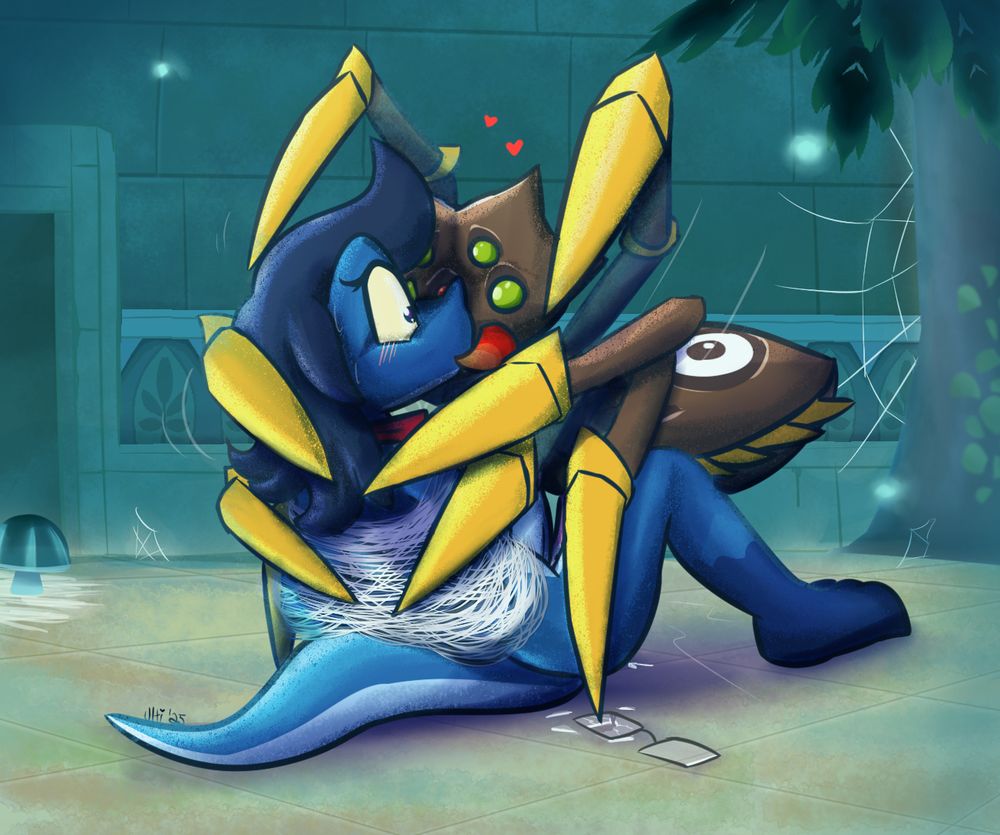 My lizard sona, tied up in webbing and silk as she's unwillingly grabbed and kissed by a giant Skulltula spider. It has a rape connotation to it as the Skulltula fucks my ass.
