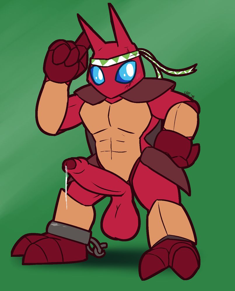 A buff beetle boy in red natural armors, posing in a green headband. He has a broken chain around his ankle, and scarring around his left eye. He has a massive, throbbing, and leaking uncut cock.