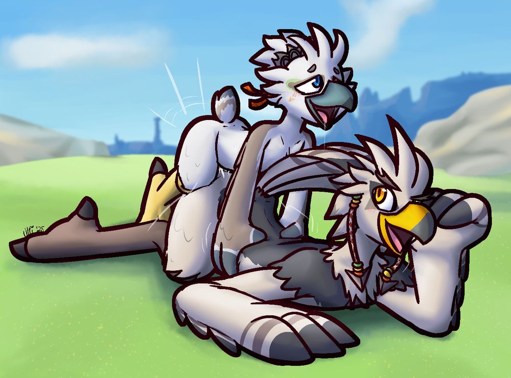 Tulin, size of an adult human but still smaller than other Rito, is happily plowing his father Teba, who's on all fours and looking back at his son encouragingly. The incestuous gay sex is happening in the middle of Hyrule Field.